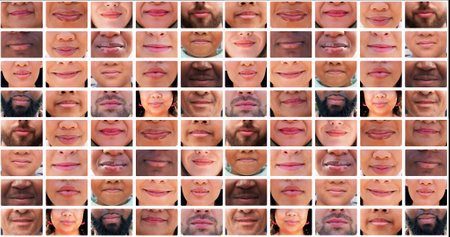 Mouth, people and composite for diversity with unity, solidarity and inclusivity with collage. Men, women and city citizens with pride or confidence with facial expressions with social networkingの写真素材