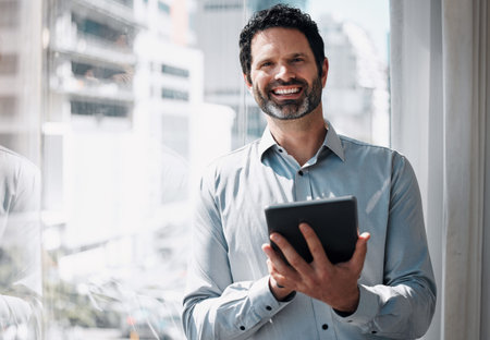 Office, smile and portrait of man with tablet for connection, online schedule or planning at window....