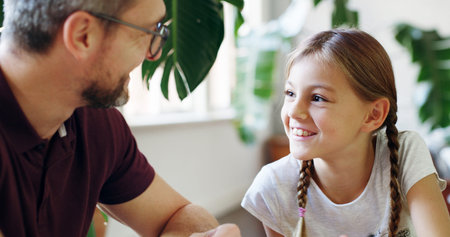 Home, dad and happy with girl for bonding or babysitting with support, trust and care. Apartment,...