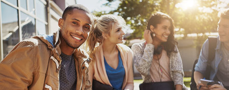 University student, man and portrait outdoor on campus for learning break, study group and...
