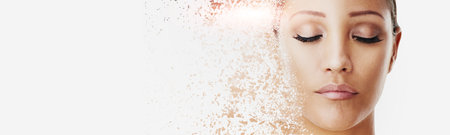 Studio, dissolve and effect of makeup, woman and calm for beauty, texture or eyeshadow for person. Banner, cosmetics and crumbles of powder for face, mockup space or model with extension of eyelashesの写真素材