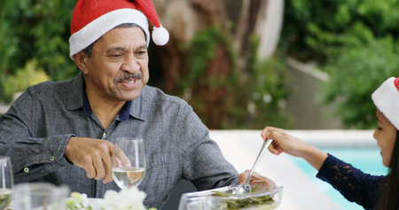 Christmas, lunch and family helping with food for festive celebration, bonding or support outdoor. Brunch, senior man or happy girl on patio for holiday dinner, social gathering or fun with santa hatの写真素材