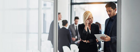 Corporate, business people or meeting with tablet for project finance, negotiation or discussion at...