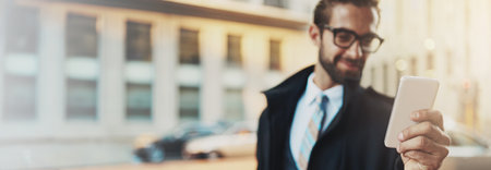 Phone, city and hand of businessman for chat, social media and networking with mockup banner space. Attorney, travel and lawyer on smartphone for communication, website and legal search on commuteの写真素材