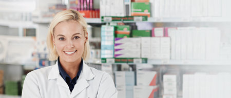 Healthcare, smile and portrait of woman in pharmacy with confidence, prescription medicine and banner space. Health, service and face of happy pharmacist at dispensary for professional medical adviceの写真素材