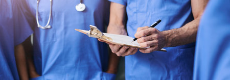 People, nurses and write on clipboard in hospital of surgery schedule, medical checklist and healthcare. Group, surgeon and document for charts, diagnosis notes and treatment script of history reportの写真素材