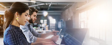 Banner, office and business people on laptop online for research, stock market and trading....