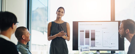 Woman, screen and presentation with team in boardroom, charts and review for b2b sales strategy....