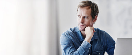 Businessman, thinking and office with career, planning and remember for mockup space as accountant. Male person, professional and ideas for finance agency, banking and investment opportunity at workの写真素材