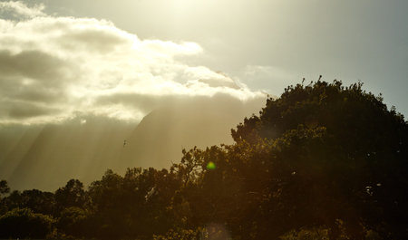 Sunset, silhouette and outdoor as countryside, landscape and discovery for texture or wallpaper....