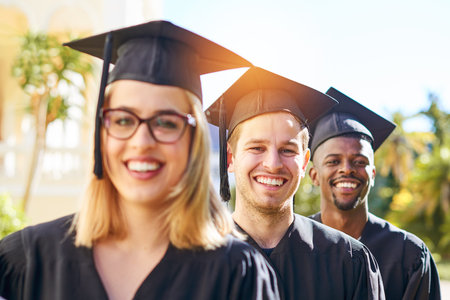 Happy students, portrait or graduation with row for qualification or academic future at university....
