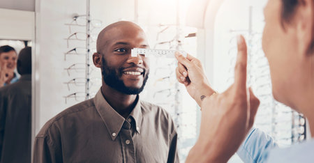 Optometrist, people and eye exam with smile for glasses, prescription and test in retail store. Man,...