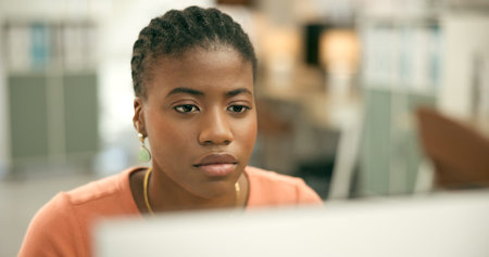 Research, information technology or black woman with computer web design, email or post online....