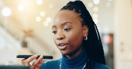 Office, speaker and black woman with phone call for talking, communication and schedule for meeting....