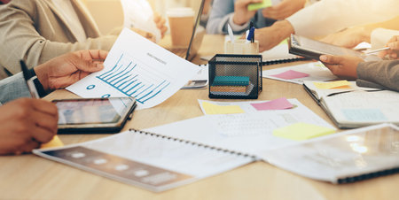 Business people, hands and paper in office for finance, planning or budget review with tablet. Admin...