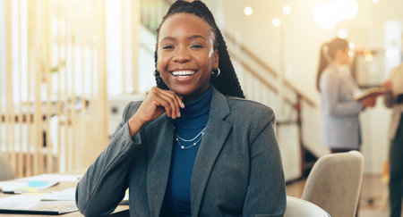 Portrait, business woman and pride in office for finance, accounting and bookkeeping in agency. Female person, smile and confidence as payroll, management or professional in company or corporate bankの写真素材
