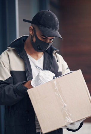 Logistics, outdoor or delivery man with box or mask for safe shipping, distribution and transport...