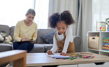 Therapist, clipboard and child with drawing for education, learning behavior and assessment for...
