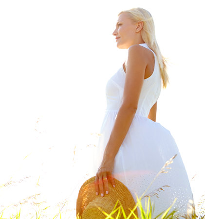 Fashion, peace and thinking with woman in countryside for biodegradable, organic or sustainable clothing. Eco textile, green and zero waste with quiet person outdoor in nature for cruelty free styleの写真素材