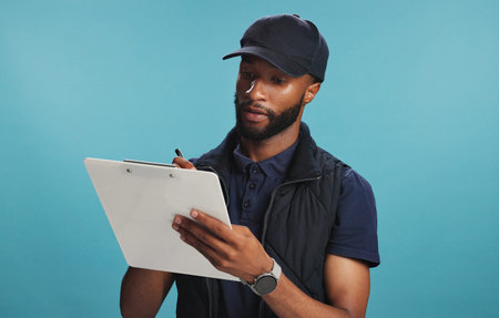 Notes, studio and delivery man with clipboard, business and preparing for logistics and...