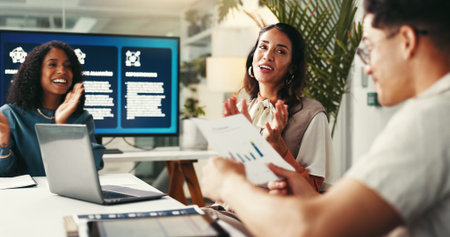 Collaboration, data and documents with business people in office together for planning or project...