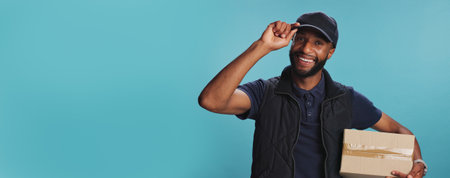 Portrait, delivery and happy black man with box in studio for ecommerce, logistics or mockup space on banner. Courier, cap or package for distribution service, shipping or greeting on blue backgroundの写真素材