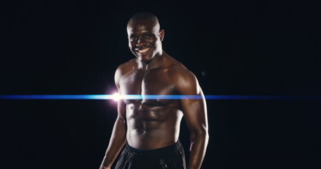 Happy, boxer and portrait of black man in studio for match, challenge or competition training. Shirtless, sports and shirtless African male athlete with muscles for workout by black background.の写真素材