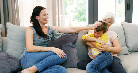 Home, grandmother and mom with kid for laughing, bonding and playful with games on couch. House,...