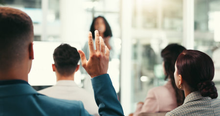 Back, businessman and hand in presentation for question, vote and opinion feedback. Person,...