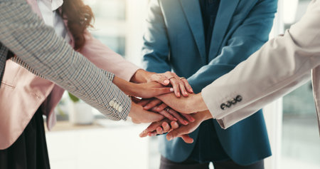 Hands, huddle and team building with business people in office together for solidarity or unity....