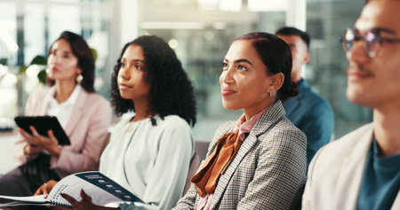 Business people, employees and listening in office for conference, corporate training or career...