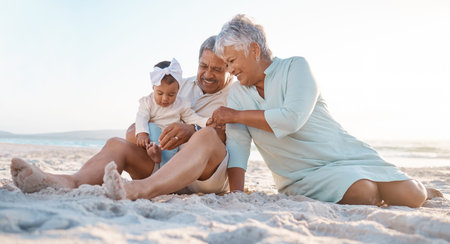Grandparents, relax or baby at beach with smile, love or trust in family, retirement or nature...