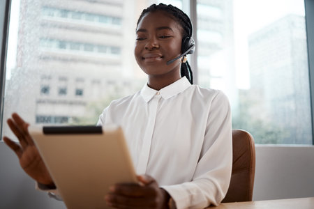 Office, black woman and headset with tablet for call center, customer information and consultant....
