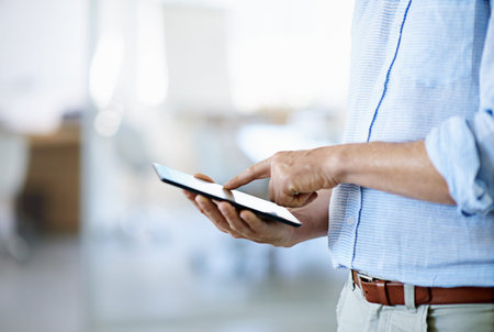 Scroll, tablet and hands of business person in office for research project, online website and...