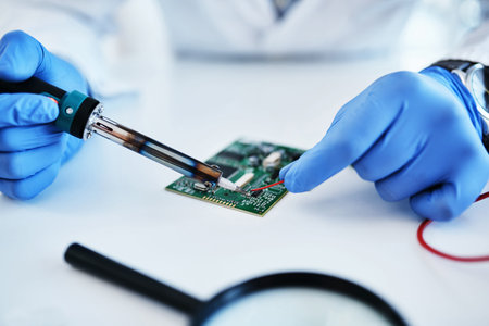 Man, hands and computer engineer to repair in office, hardware maintenance and upgrade system. Male...