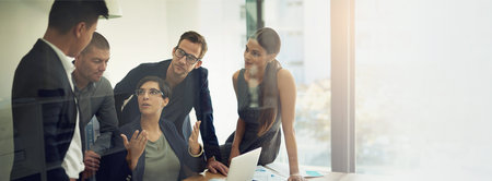 Teamwork, meeting and group with laptop, office and account management for business, banner and...