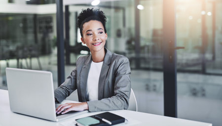 Woman, journalist and laptop for planning in office, writing process and inspiration for article. Female person, reporter brainstorming and online for column research, press publication and thinkingの写真素材