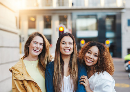 Happy, support or portrait of women in city, holiday travel and bonding together for friendship....