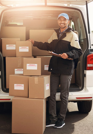 Delivery, box and man with portrait by van in street for online order, supply chain and stock...