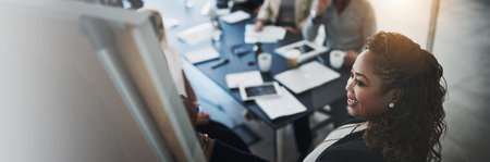 Presentation, planning and woman at whiteboard with ideas, training or research at financial agency....