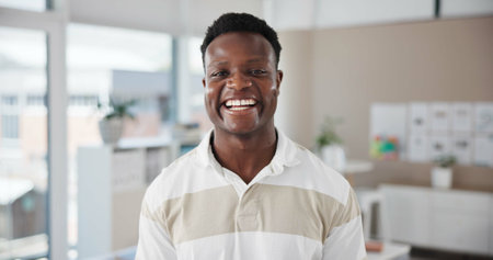 Portrait, business and black man in workplace, renovation company or smile with feedback. Face, employee or professional in office, agency or real estate with project development, mindset or Kenyaの写真素材