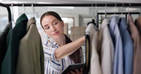 Business. clothing store and woman with tablet, inventory and fashion with quality control. Person, employee and designer with tech, digital app and delivery with online purchase and retail serviceの写真素材