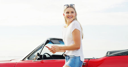 Phone, girl and thinking on road trip for travel on vacation planning, dream holiday and adventure....
