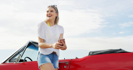 Phone, woman and thinking on road trip with car for vacation planning, dream holiday or excited for...
