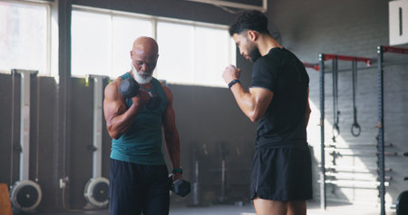 Mature man, personal trainer and advice for weight lifting exercise, workout and training in gym. Physical therapy, support and help with dumbbell for fitness, curls or wellness for retirement healthの写真素材
