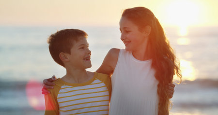 Smile, children and smile with hug outdoor for sibling love, summer vacation and bonding together....