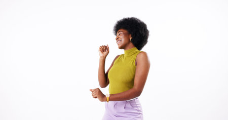 Music, karaoke and singing with black woman isolated on white background for audio, dancing or fun....