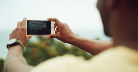 Photograph, hands and man with smartphone, nature and view with screen, picture or social media....