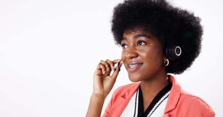 Call center, space or black woman in studio for customer service, contact support on white...