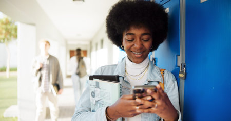 Phone, student and happy woman at university for typing text, knowledge or check exam results...